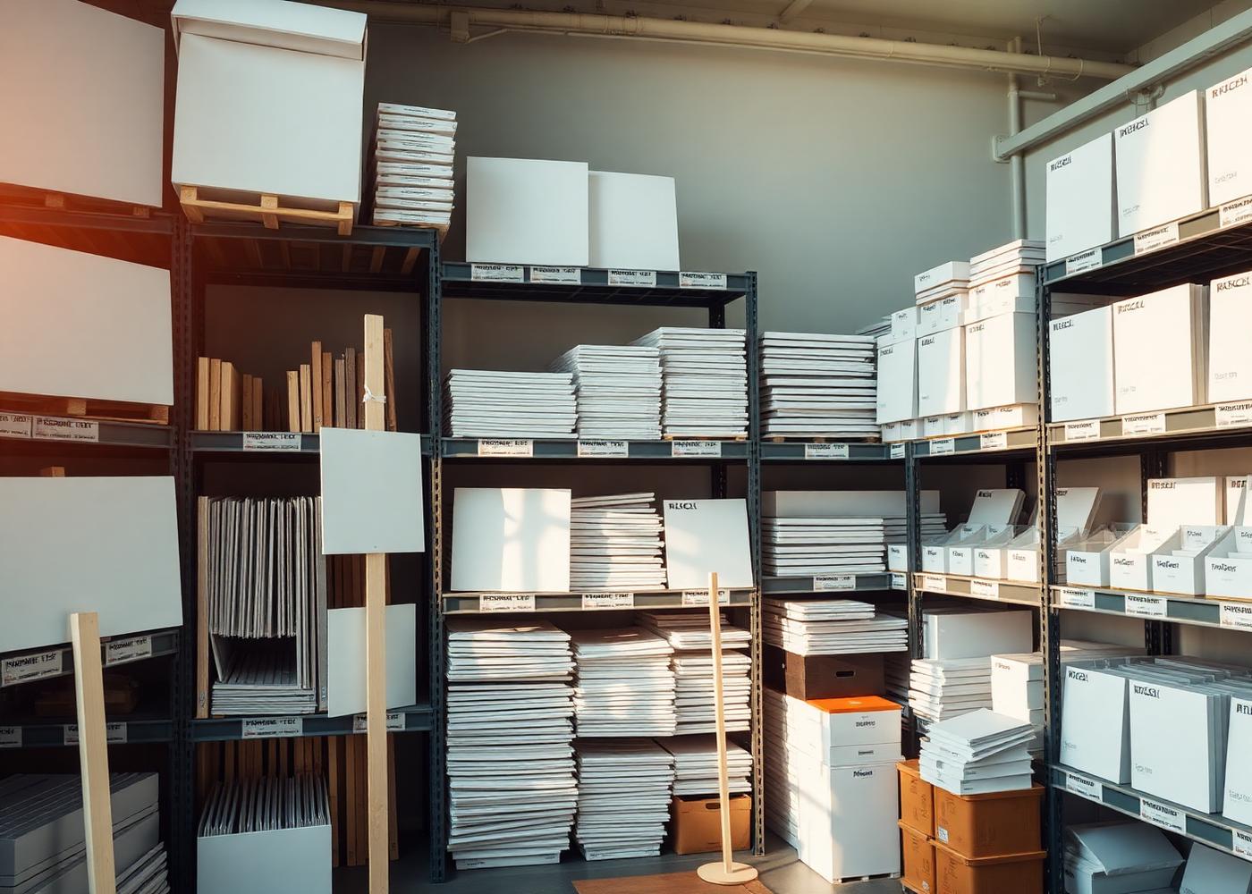 Organized professional storage of real estate signs, posts, and accessories on labeled shelves